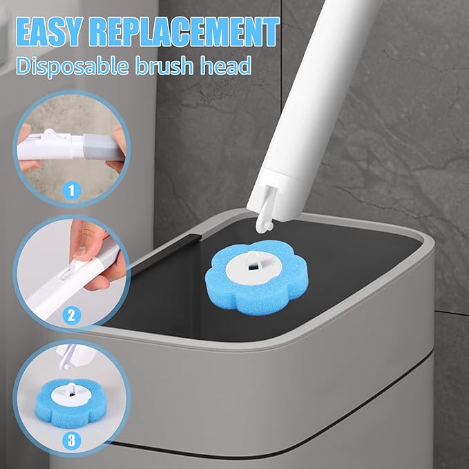 Disposable Toilet Brush Refills, Wall Mount Toilet Bowl Brush, Toilet Wand Refills with Extended Handle Cleaning Set, 360° Cleaning Toilet Brush Grip Suitable for Bathrooms (Only 36 Refills)