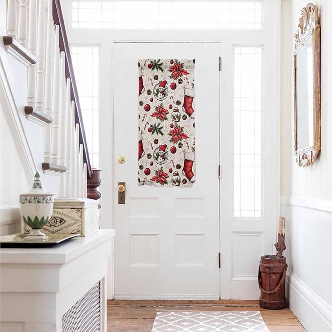 Christmas French Door Curtain Panel for Front Door, Pine Branch Cones Red Xmas Sock Ornaments Snowman Slidelight Door Curtains with Tieback Light Filtering Privacy Panels for Entryway 25"x 40"