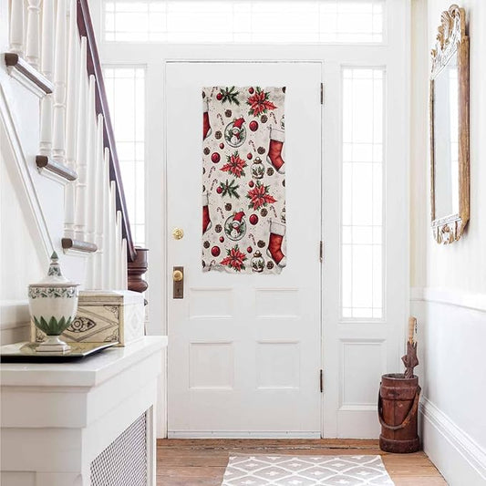 Christmas French Door Curtain Panel for Front Door, Pine Branch Cones Red Xmas Sock Ornaments Snowman Slidelight Door Curtains with Tieback Light Filtering Privacy Panels for Entryway 25"x 40"