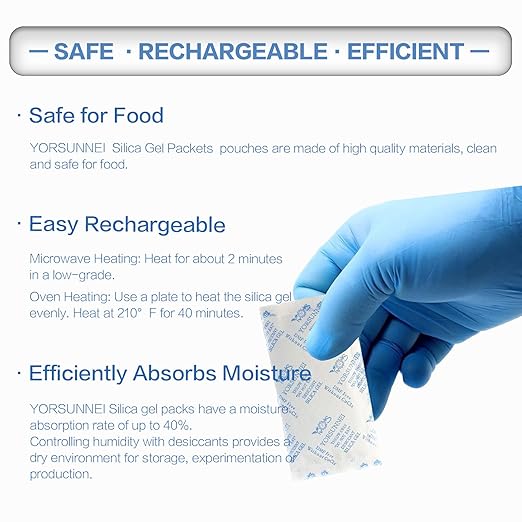 10 Gram Silica Gel Packets, Reusable Desiccant Packs for Storage, Rechargeable Moisture Absorber Food Grade Silica Gel Packs for Moisture Control [50 Packs]