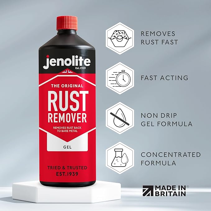 JENOLITE Gel Rust Remover for Metal 1.3 fl oz (40 g). Non‑Drip Naval Jelly for Automotive and Vertical Metal Surfaces. Fast‑Acting Concentrated Gel Dissolves Rust to Bare Metal. Made in Britain