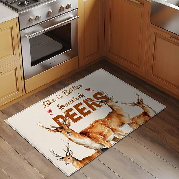 Beige Deer Entryway Rug 2'x3', Wildlife Animals Rustic Farmhouse Elk Rustic Farmhouse Small Area Rug Non-Slip Front Door Mat Washable Floor Carpet for Indoor Entrance Kitchen Bathroom
