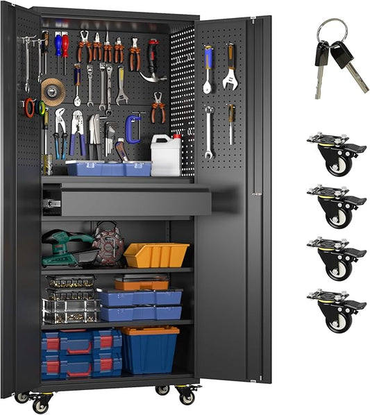 Reemoon Garage Storage Cabinet with Wheels and Doors,Lockable Metal Storage Cabinet with Drawer Pegboard and Hooks for Garage Warehouse Home,Required Assembly,Black,71" H×15" D×30" W