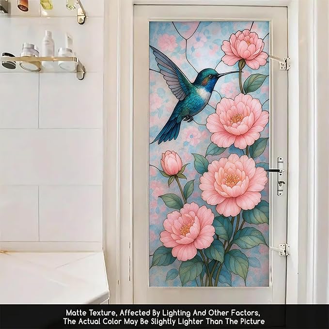 Peony Bird Privacy Film Floral Glass Panel Static Cling No Glue Decorative Cover Light Filtering for Bedroom Door Vanity Room Entryway 17.7x39.3 inch