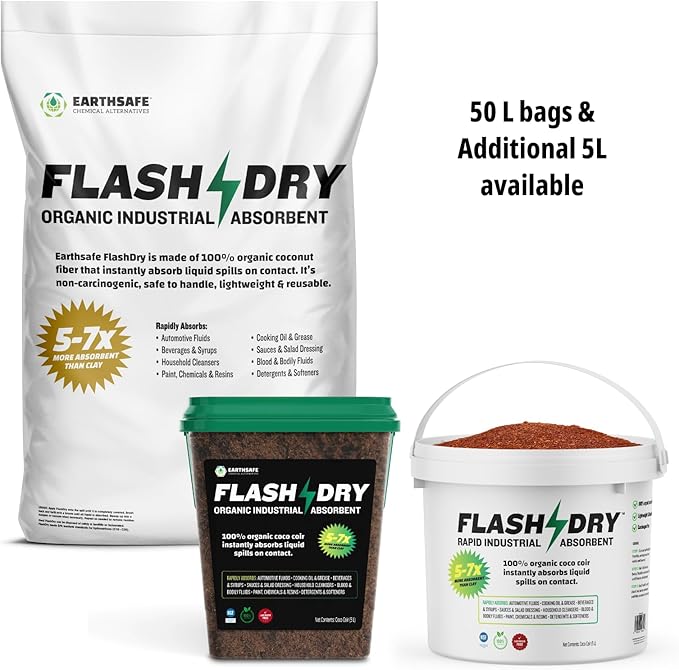 FlashDry Super Spill Absorbent, 5L Bucket with Dispenser Lid, 100% Organic Coco Coir, Landfill Safe, OSHA Approved, Ideal for Absorbing Oil, Paint, Grease in Garages, Kitchens, Janitor Kits