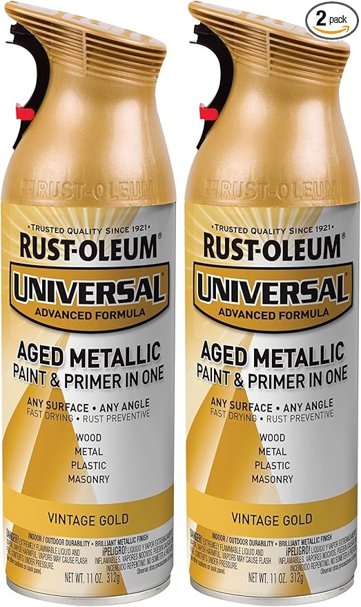 Rust-Oleum 342918 Universal All Surface Aged Metallic Spray Paint, 11 oz, Vintage Gold (Pack of 2)