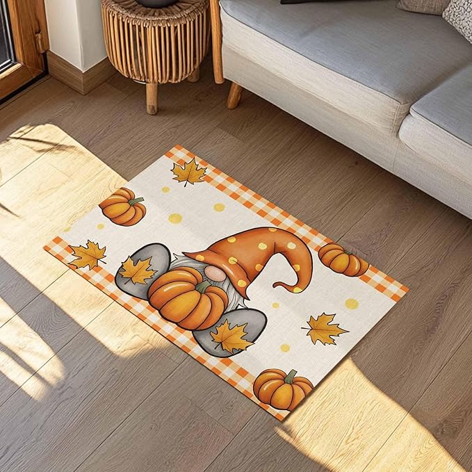 Welcome Door Mat 18x30in,Thanksgiving Fall Gnome Pumpkin Indoor Entryway Doormats Non-Slip Bath Rug Absorbent Front Door Mat,Maple Leaves Orange Plaid Flax Floor Carpet for Bedroom Bathroom