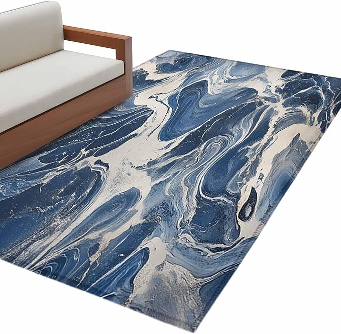 Impressionist Style 3'x5' Area Rugs, White Blue Blurred Wash Washable Area Rugs Non-Slip Indoor Floor Mats Carpet for Living Room Bedroom Dining Room