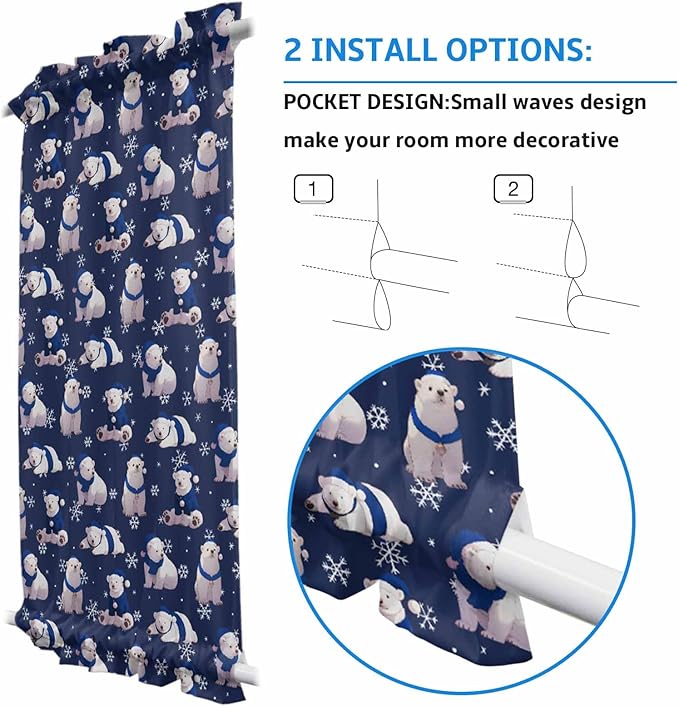Christmas French Door Curtain Panel for Front Door, Merry Christmas Snowflake Polar Bear Blue Slidelight Door Curtains with Tieback Light Filtering Privacy Panels for Doorway Entryway 25"x 40"