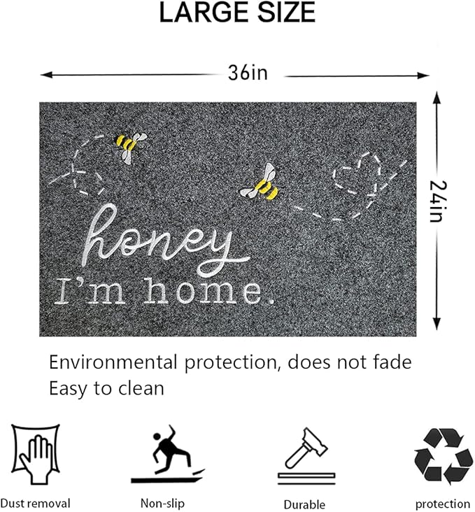 Front Door Mat, Bee Grey Welcome Mats Outdoor Indoor, Stain and Fade Resistant, Non-Slip Backing Entry Mat Low Profile Doormat for Entryway, 36×24 Large