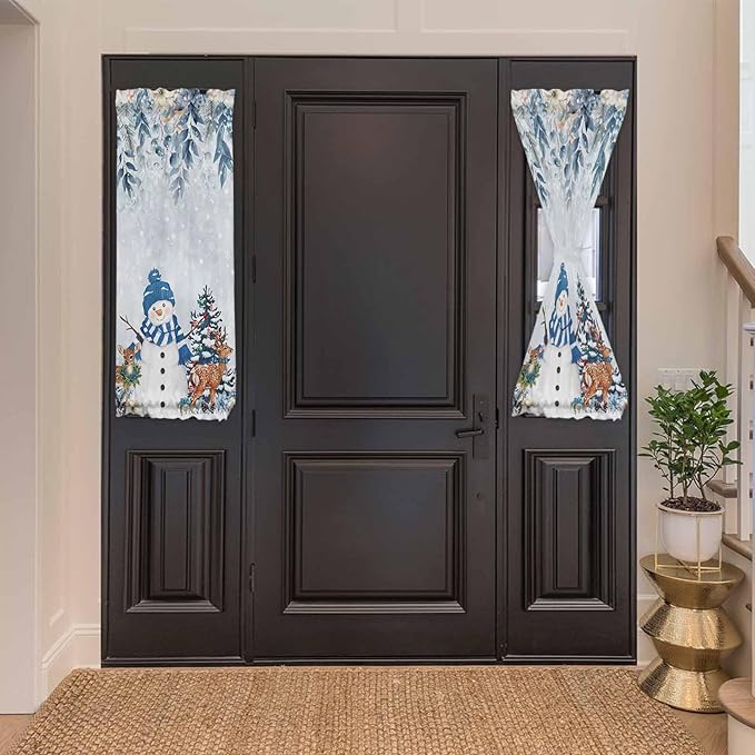 Christmas French Door Curtain for Front Door, Poinsettia Botanical Leaves Xmas Tree Deer Snowman Light Blue Slidelight Door Curtains with Tieback Light Filtering Privacy Panel for Entryway 25"x 40"