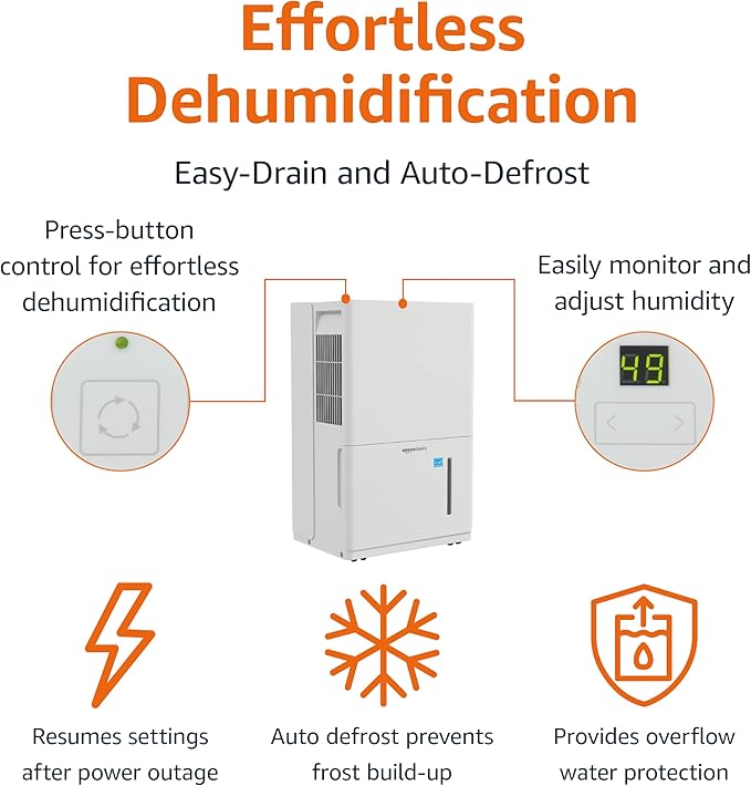 Amazon Basics 35-Pint Large Dehumidifier for Home, Energy Star Certified, Humidity Control, Auto-Defrost, Timer, Overflow Protection, for Rooms up to 2500 SFT, White