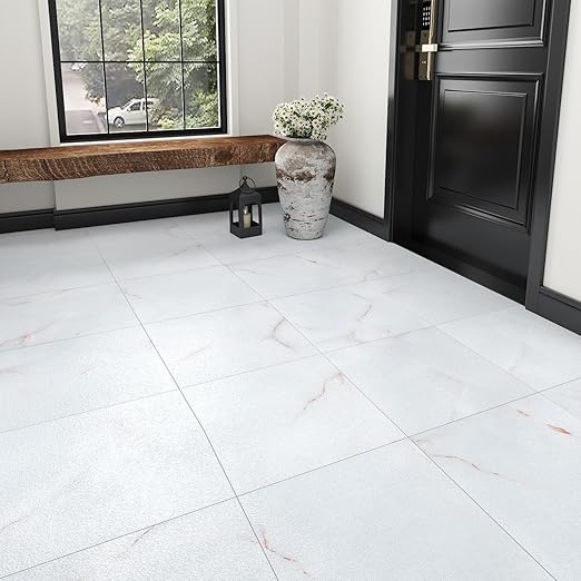 Wallercity White/Red Peel and Stick Floor Tile Waterproof White Marble Floor Tiles for Kitchen Bathroom 12''x12'' Vinyl Flooring Tile Panels Modern Self Adhesive Flooring Sheets for Hallway RV 5PCS