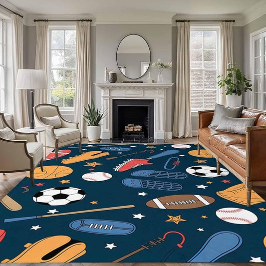 Cartoon Sports 8'x10' Large Area Rugs, Baseball Soccer Basketball Rugby Sneakers Washable Area Rugs Non-Slip Indoor Floor Mats Large Carpet for Living Room Bedroom Dining Room