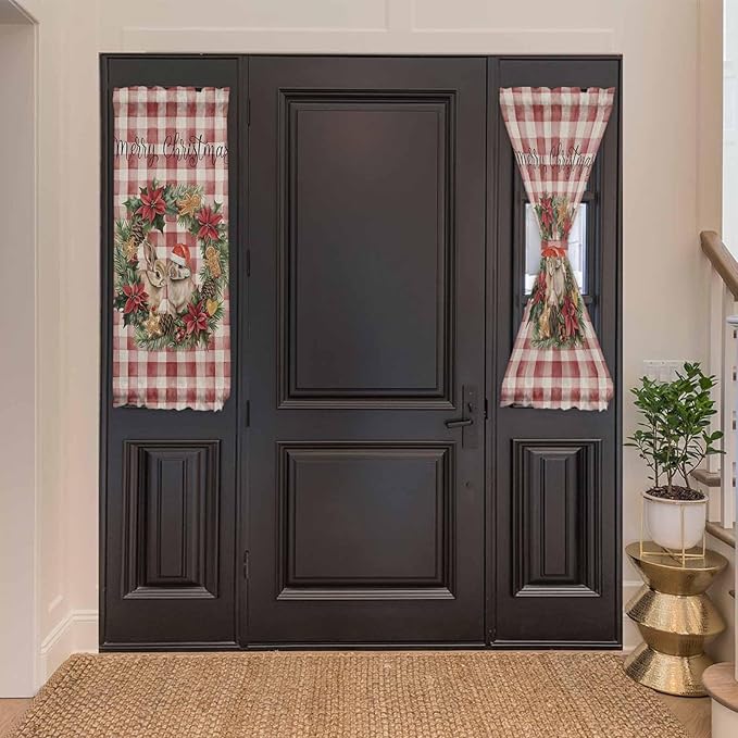 Christmas French Door Curtain Panel for Front Door, Rabbits Santa Hat Christmas Wreath Red Checkered Slidelight Door Curtains with Tieback Light Filtering Privacy Panels for Doorway Entryway 25"x 40"