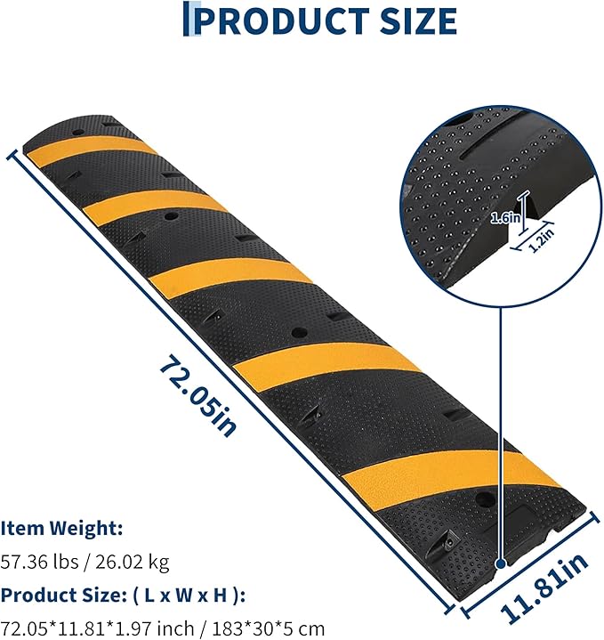 1 Pack 6FT Speed Bumps for Road, Heavy Duty 25,000 Lbs Capacity with 2 Channel Floor Cord Cover, 72" Parking Lot Speed Hump for Garage, Driveway, Warehouse - Includes Installation Parts, Black/Yellow