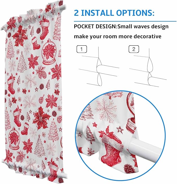 Christmas French Door Curtain Panel for Front Door, Red Christmas Tree Plant Sock Snowflake Pine Cone Slidelight Door Curtains with Tieback Light Filtering Privacy Panels for Entryway 25"x 40"