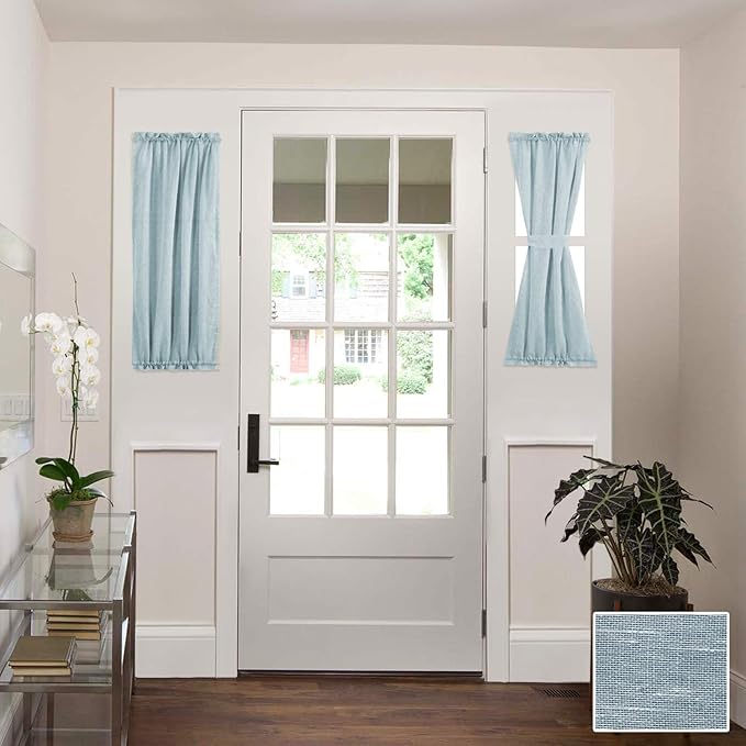 H.VERSAILTEX Light Filtering Linen Door Curtain, French Door Curtains, Privacy Semi Sheer Sidelight Curtains for French Doors with Rod Pocket and Tie Back, Turquoise, 25 x 40 inches, 1 Panel