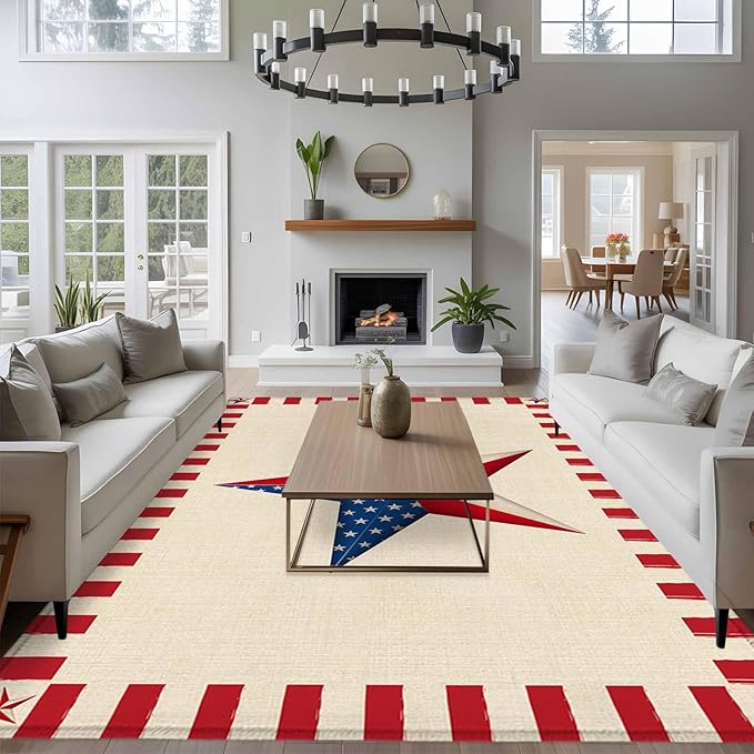 Farmhouse American Flag Pentagram 5'x7' Area Rugs, Washable Area Rugs Non-Slip Indoor Floor Mats Carpet for Living Room Bedroom Dining Room