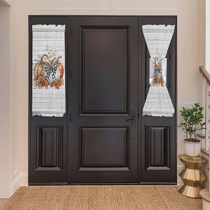 French Door Curtain Panel for Front Door, Plaid Bow White Pumpkin Maple Wood Grain Slidelight Door Curtains with Tieback Light Filtering Privacy Panels for Doorway Entryway 25"x 40"
