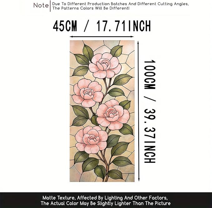 Pink Camellia Privacy Film Stained Glass Style Static Cling No Glue Decorative Panel Light Filtering Cover for Bedroom Door Vanity Entryway 17.7x39.3 inch