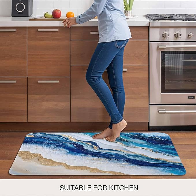 Abstract Spray Doormat Gold White Blue Ocean Oil Painting Style Non Slip Low Profile Rubber Door Mat Washable Absorbent Indoor Front Door Mat Entryway Rug Entrance Carpet 18x30 Inch