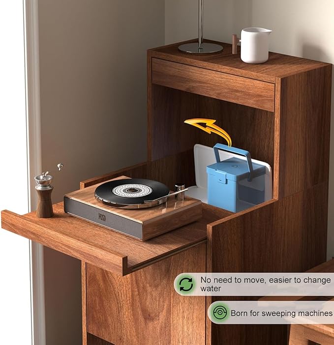 Robot Vacuum Stand Cabinet,Storage Cabinet with Doors and Drawers for Robot Vacuum Cleaner,Wood Bathroom Cabinet,Side Table for Living Room, Home Office(Brown,H65cm/25.6in)