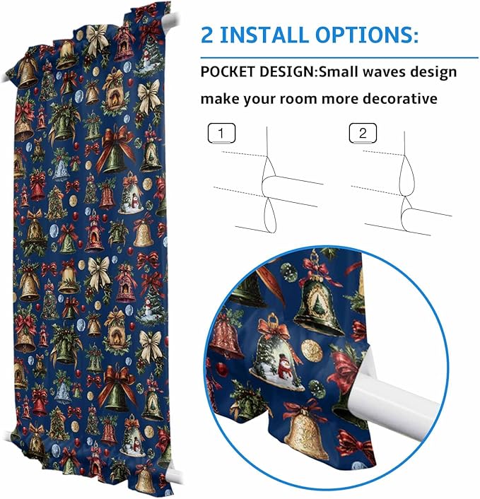 Christmas French Door Curtain Panel for Front Door, Various Christmas Ornaments Bows Bells Navy Blue Slidelight Door Curtains with Tieback Light Filtering Privacy Panels for Doorway Entryway 25"x 40"