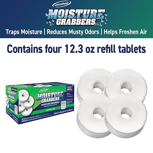 Concrobium Moisture Grabbers Refill Tablets, 4 Pack, Moisture Absorber Refills for Compatible Refillable Containers Only, Helps Reduce Dampness and Musty Odors, Fragrance Free