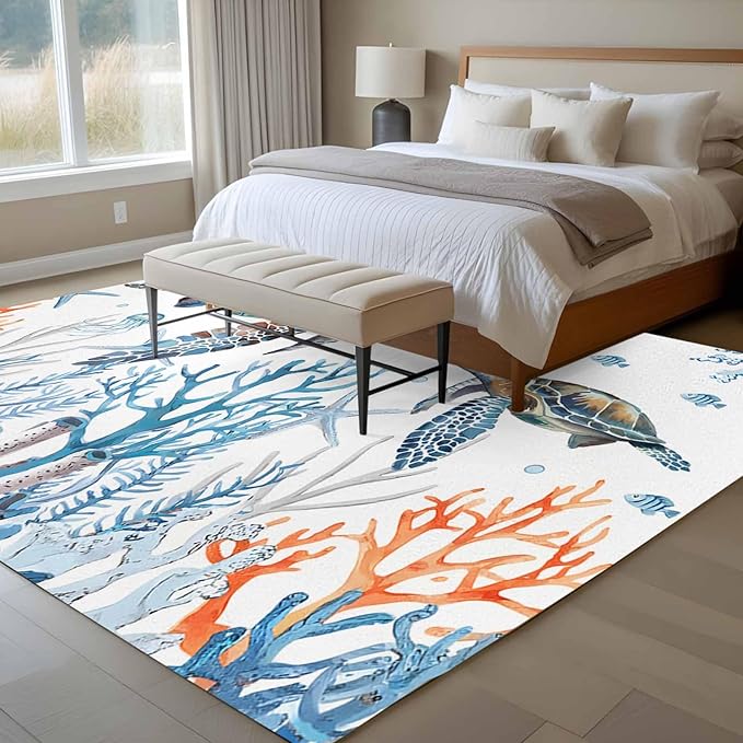 Sea Turtle 9'x12' Large Area Rugs, Seagrass Coral Starfish Washable Area Rugs Non-Slip Indoor Floor Mats Large Carpet for Living Room Bedroom Dining Room