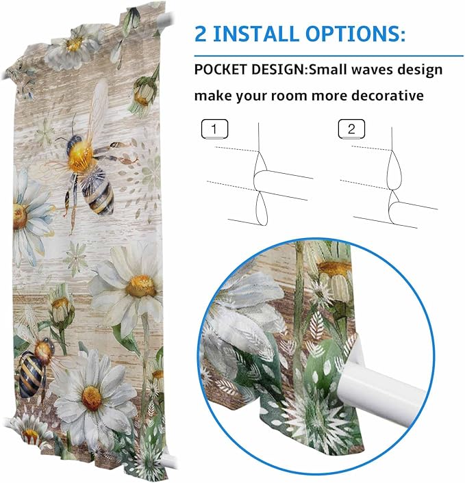 French Door Curtain Panel for Front Door, Retro Country Style Wood Grain Flower Plant Daisy Bee Slidelight Door Curtains with Tieback Light Filtering Privacy Panels for Doorway Entryway 25"x 40"