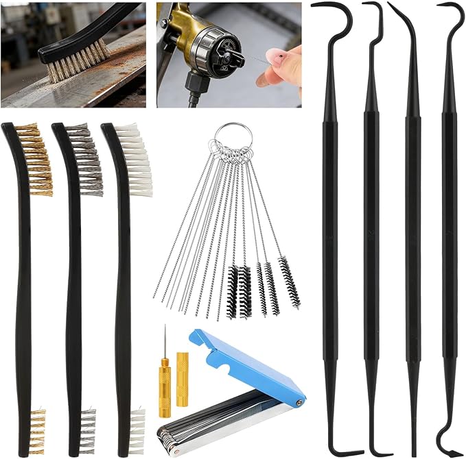 Carburetor Cleaning Kit, 37Pcs Torch Tip Cleaner Set with 3 Double Head Brush 23 Needles 5 Nylon Brushes 1 Scraper 4 Cleaning Hooks and Case for Motorcycle/ATV/Lawn Mower/Torch Chainsaw Small Engines