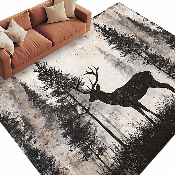 Elk 9'x12' Large Area Rugs, Deer Silhouette Washable Area Rugs Non-Slip Indoor Floor Mats Large Carpet for Living Room Bedroom Dining Room