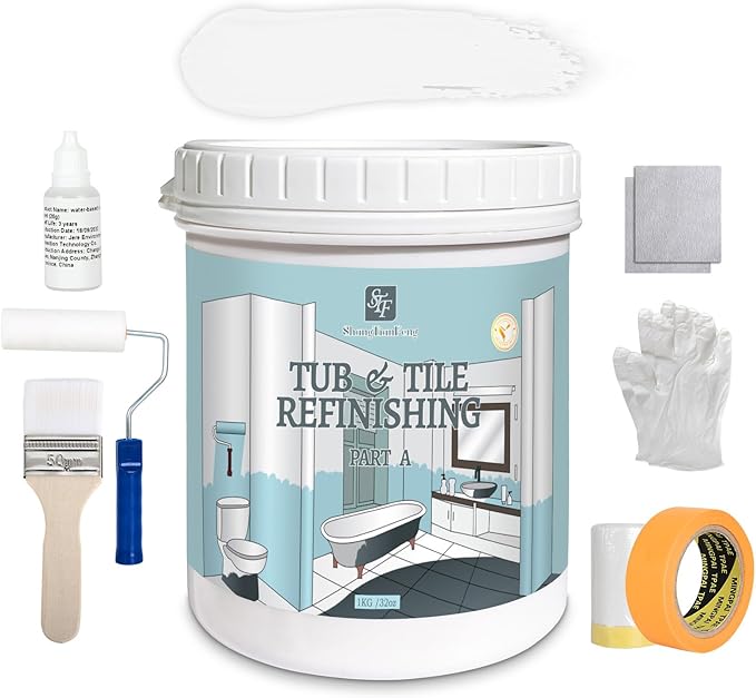 White Ceramic Tub and Tile Refinishing Kit（32 FL Oz） - Bathtub, Bathroom Wall, Countertop, Sink Paint - Easy to Use, Waterproof, Low Odor, No Toxic (White 50-60 sq.ft)