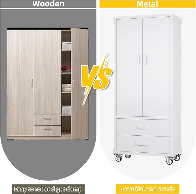 Reemoon Garage Storage Cabinet with 2 Drawers and Pegboard, Metal Storage Cabinet with 2 Lockable Doors for Garage Home Warehouse,Required Assembly,White,71.2" H*15.2" D*30" W