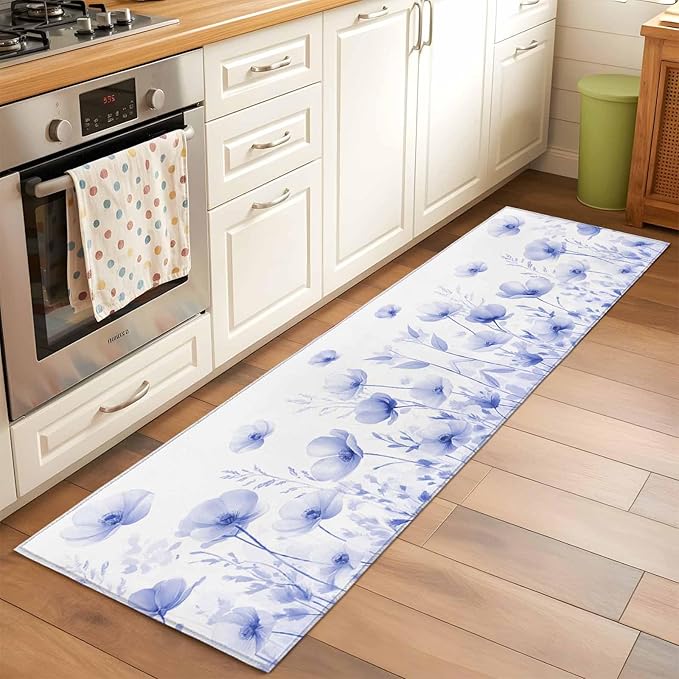 Flower Runner Rug 2'x6', Blue Hallway Runner Rugs Washable Non-Slip Bedside Floor Mats Carpet for Kitchen Bedroom Laundry Room Bathroom
