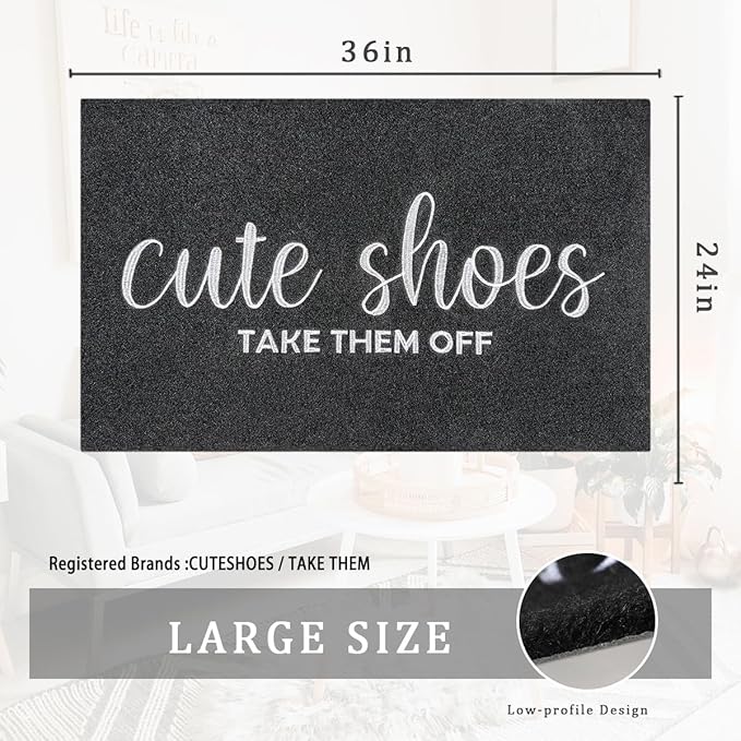 Indoor Door Mat Outdoor Welcome Large 24"x36" Black Mat for Outside Home Entry Cute Shoes Take Them Off Outdoor Entryway Rug Entrance Rug to Bedroom,Shoe Scraper,Non Slip,Easy to Clean