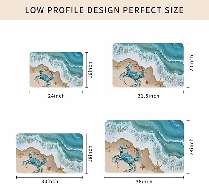 Turquoise Crab Doormat Ocean Spray Non Slip Low Profile Rubber Door Mat Washable Absorbent Indoor Front Door Mat Entryway Rug Entrance Carpet 20x31.5 Inch