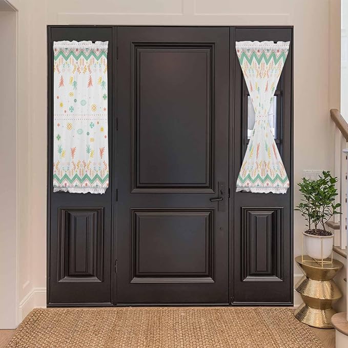 French Door Curtain Panel for Front Door, Green Orange Yellow Plant Geometric Slidelight Door Curtains with Tieback Light Filtering Privacy Panels for Doorway Entryway 25"x 40"