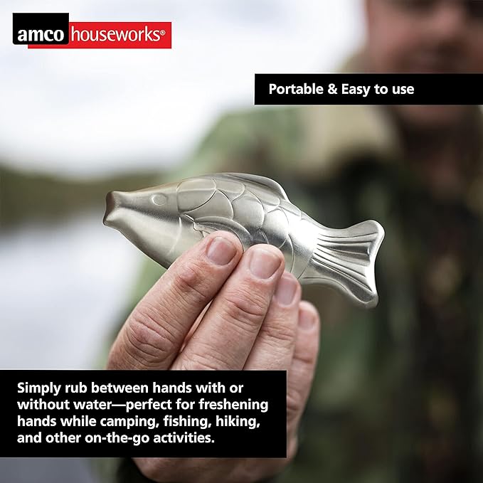 Amco Rub Away Bar, Stainless Steel Odor Absorber, Fish Shaped - Dishwasher Safe Kitchen & Outdoor Essential for Garlic, Onion, Fishing, Hiking Odors - Natural Odor Remover