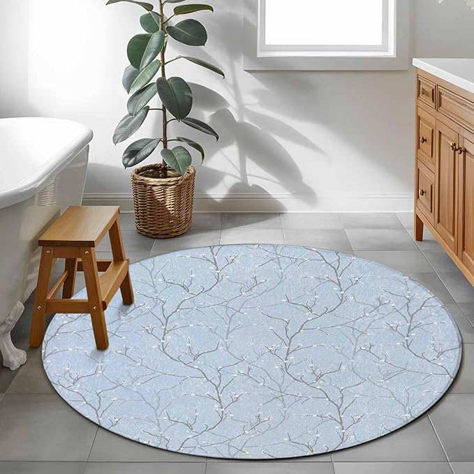 Blue Tree Branch Small Round Rug 3 Ft, Retro Classic Art Blue Tree Branches Flower Area Rugs Washable Non Slip Indoor Floor Mats Circle Carpet for Living Room Bedroom Dining Room Home Decor