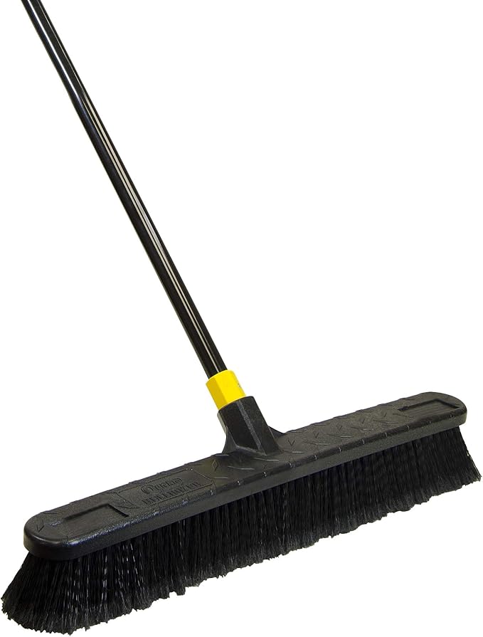 Quickie Cleaning Bulldozer 24-Inch Push Broom, 60-Inch Steel Handle, Smooth Surface Bristles, with Scraper for Stuck on Mess, Indoor/Outdoor Floors in Home/Garage/Basement/Driveway Use