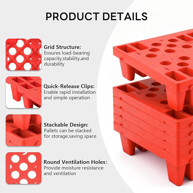 6pcs Red Plastic Pallets, Lightweight Nestable Polyethylene Pallets, Moisture-Proof Floor Pallets, Mini Spliceable Plastic pallets for Basement Storage Kitchen Garages L 19.7" x W 11.8"x H 3.9"