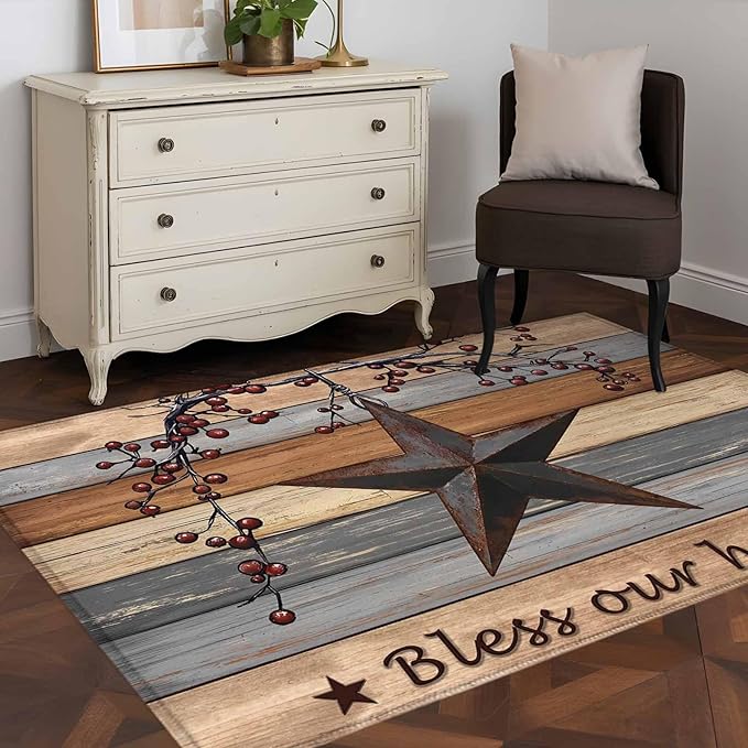 Country Stars Area Rugs 2.7'x5', Vintage Rust Black Star Berry Brown Light Blue Wood Grain Washable Area Rugs Non-Slip Indoor Floor Mats Carpet for Living Room Bedroom Dining Room