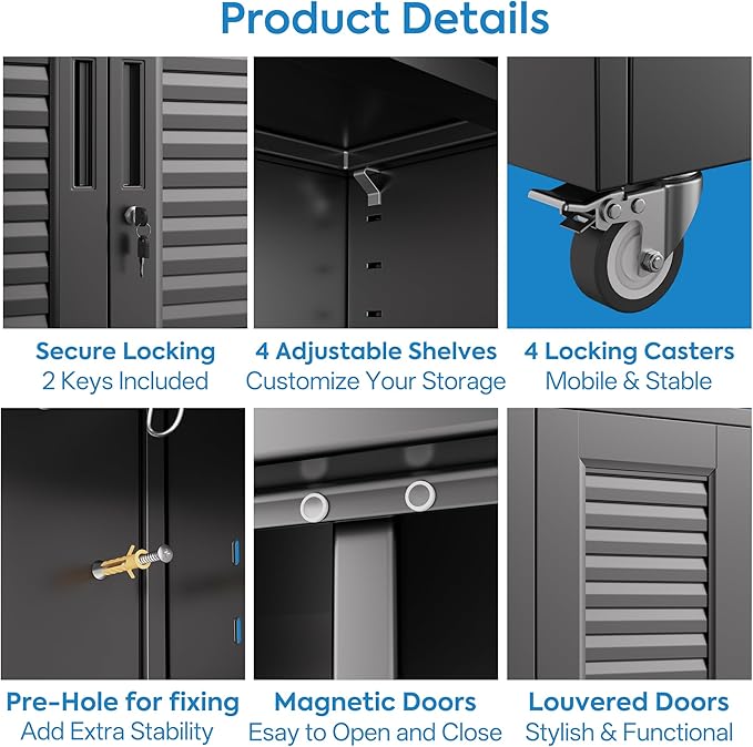 Reemoon Mop and Broom Closet Storage Cabinet with Wheels and Pegboard,Metal Garage Storage Cabinet with Doors and Adjustable Shelves for Garage Home,Required Assembly,Black