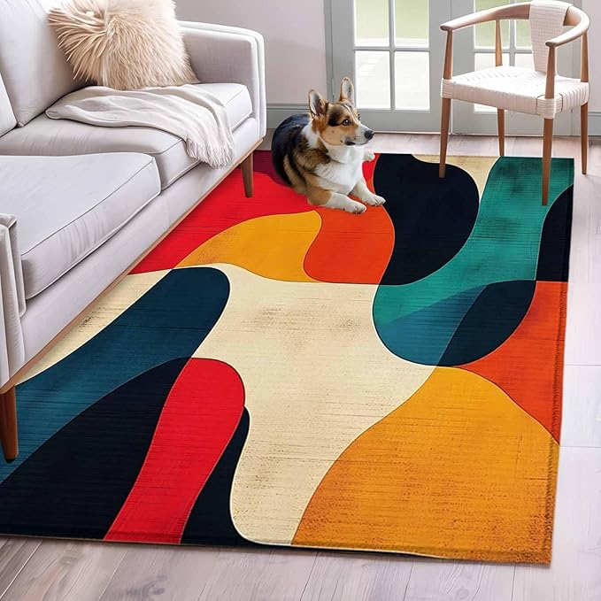 Abstract Art Area Rugs 2.7'x5', Impressionist Red Blue Color Block Washable Area Rugs Non-Slip Indoor Floor Mats Carpet for Living Room Bedroom Dining Room