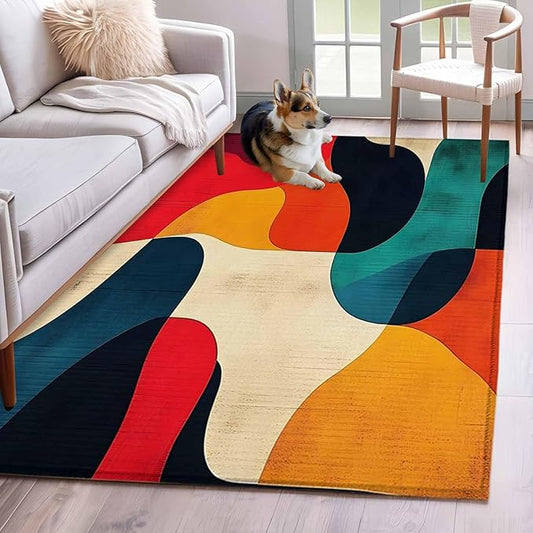 Abstract Art Area Rugs 2.7'x5', Impressionist Red Blue Color Block Washable Area Rugs Non-Slip Indoor Floor Mats Carpet for Living Room Bedroom Dining Room