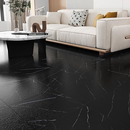 Wallercity Marble Black Peel and Stick Floor Tile 16PCS Self Adhesive Waterproof Stick on Floor Tiles Vinyl Flooring Stickers for Kitchen Bathroom Living Room 12''x12'' Matte Marble Black Tiles Sheets