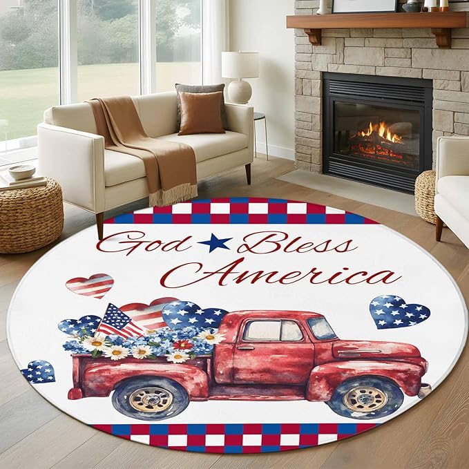 Red Truck USA Flag Stars Large Round Rug 8Ft, God Bless America Circle Area Rugs Washable Non Slip Indoor Floor Mats Carpet for Living Room Bedroom Dining Room Home Decor