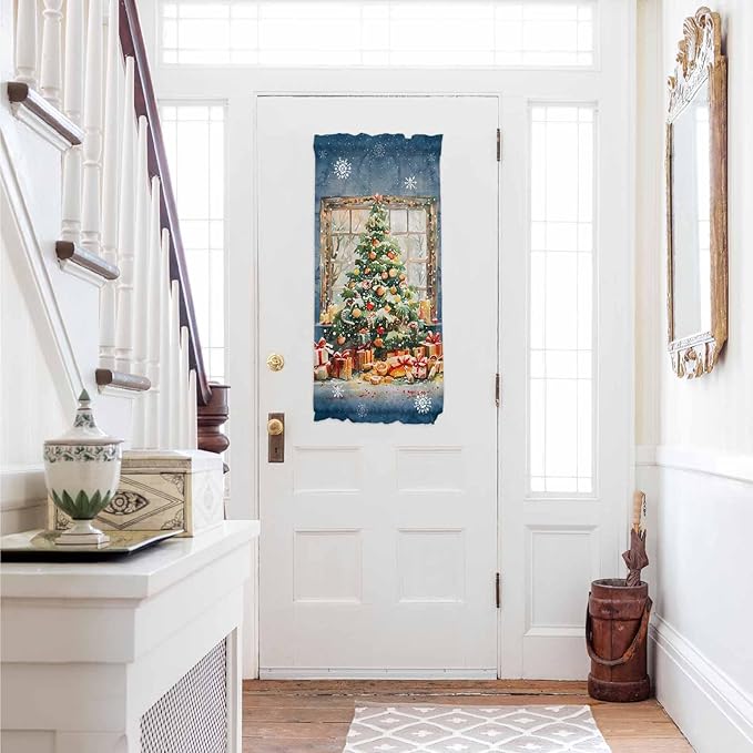 Christmas French Door Curtain Panel for Front Door, Gorgeous Xmas Tree Dark Steel Blue Slidelight Door Curtains with Tieback Light Filtering Privacy Panels for Doorway Entryway 25"x 40"
